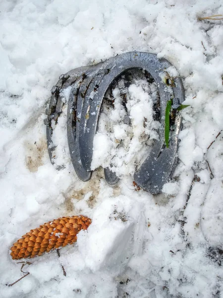 Old wornout rusted horseshoe lying on snow. — Stock Photo, Image