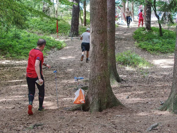 Спортивные люди в лесу проверяют чип с контрольной точкой — стоковое фото