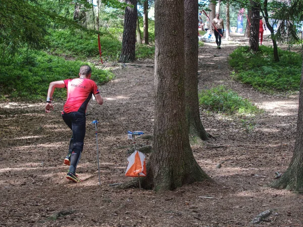 Desporto pessoas na floresta verificando chip com ponto de controle — Fotografia de Stock