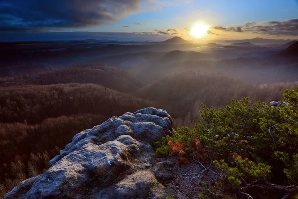 Pískovcový Summit Oblíbeném Přírodním Parku Drsný Skalnatý Terén Brokem Borovice — Stock fotografie