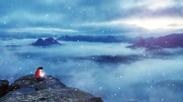 Woman Hold Lantern Life Magical Milky Misty Landscape Woman Sit — Stock Video