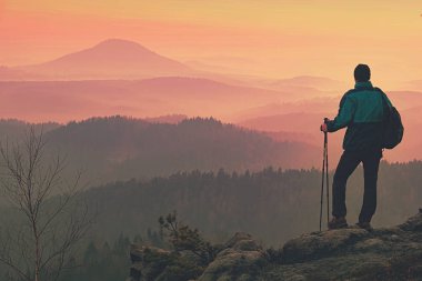 Kayalık yolda bir adam kampa yürür.. 