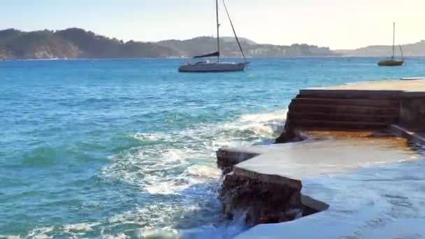 船和蓝色的海 卡尔维娅湾与私人帆船停泊在海湾李 马约卡岛Peguera海滨散步景观 — 图库视频影像