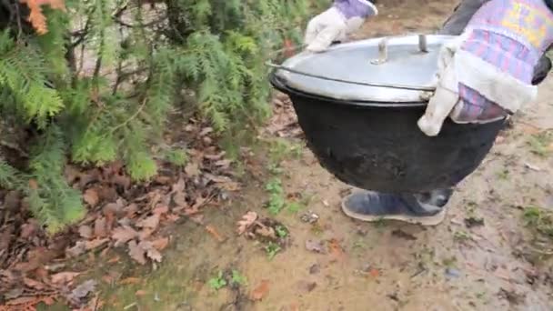 Costelas Cozidas Caldeirão Preparação Pronta Farinha Carne Masculina Cerveja Carne — Vídeo de Stock