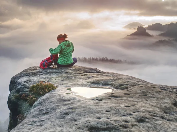 Girl Mountain Summit Hands Raised Clouds Travel Lifestyle Success Concept — Stock Photo, Image