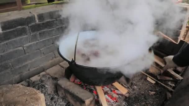 Gotowanie Żeberek Wieprzowych Kotle Nad Ogniem Para Zapach Wychodzą Spod — Wideo stockowe
