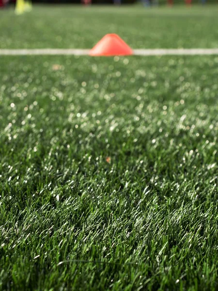 Cônes Sont Équipement Entraînement Soccer Sur Gazon Artificiel Vert Avec — Photo