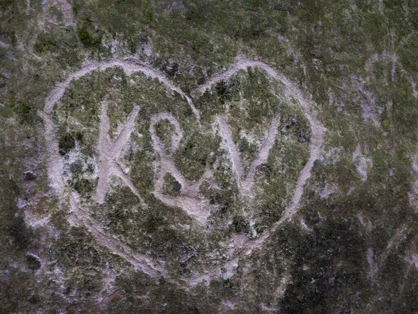 Curved lovers heart hidden in moss growing on sandstone.  Marks made from lovers or tourists.