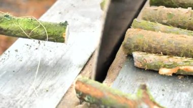 Sanatçının elleri elektrikli masa testeresi için bir parça odun kesti..