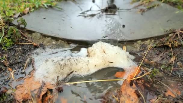 Espuma Bebedero Hormigón Bajo Aleros Agua Lluvia Sucia Fluye Canal — Vídeo de stock