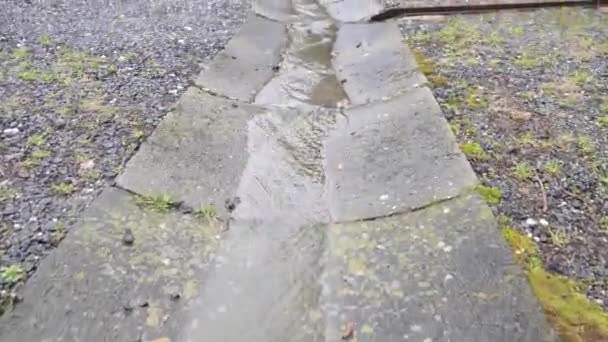コンクリート排水は 雨からチャネル穴に水をもたらします チャネルやガター 浅いストリーム 排水口の汚い — ストック動画