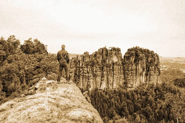 Πεζοπόρος Σακίδιο Κοιτάζει Κάτω Από Μια Βραχώδη Κορυφή Ένα Δάσος — Φωτογραφία Αρχείου