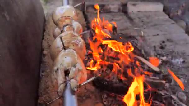 Máquina Giratoria Pollo Parrilla Vista Lateral Dos Pollos Marinados Girando — Vídeos de Stock