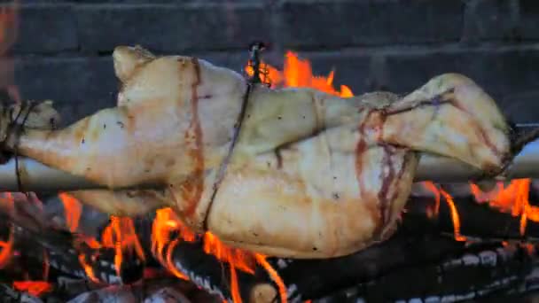 Koyu Kırmızı Alevlere Yakın Paslanmaz Çelik Kirişte Izgara Tavuğa Yakın — Stok video