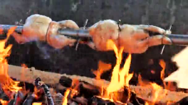 Kuřecí Gril Nad Sporákem Připravuje Úžasné Maso Večeři Rozmazané Plameny — Stock video