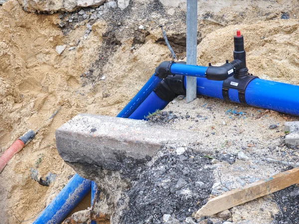 Three Way Joint Pvc Pipe Potable Water Delivery System Reconstruction — Stock Photo, Image