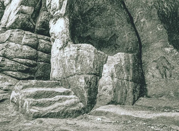 Large shelter or cave inside sandstone mountain used by primitive prehistoric men as home.  Dashed pencil sketch effect.