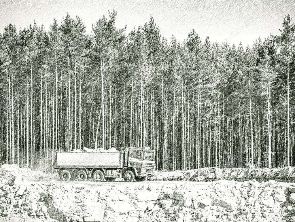 Open pit mine industry, big mining truck for open glass sand mine.  Dashed pencil sketch effect. 
