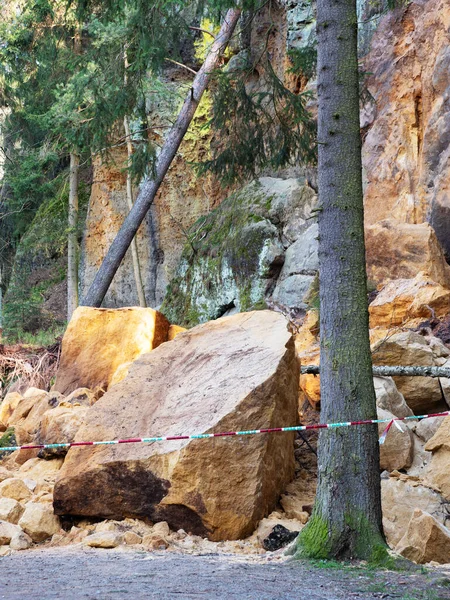 不要进入禁区 从山上崩塌的巨岩 砂岩大块地撞毁在森林路上 用警用磁带标出的禁区 — 图库照片