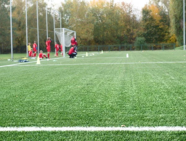 Primer Plano Del Césped Fútbol Entrenamiento Los Niños Hierba Verde —  Fotos de Stock