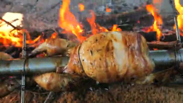 Házi Készítésű Grillsütőn Sült Csirke Vagy Tüzet Nyitunk Részletes Esztergáló — Stock videók