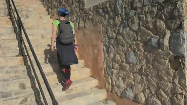 Sea Shore Architecture Woman Climbing Thin Stairs Sea Side Old — Stock Video