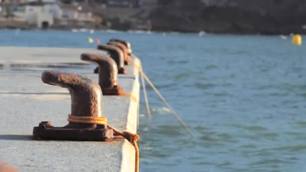 Rusty Bollard Corroded Blacksmith Forged Pillars Mooring Ships Boats Sea — Stock Video