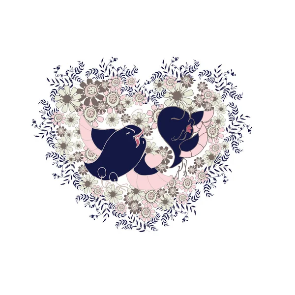 Composition Décorative Florale Forme Cœur Avec Des Oiseaux Amoureux Graphiques — Image vectorielle