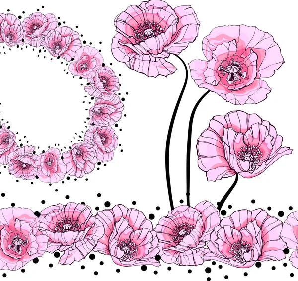 Large pink poppies, a bouquet. Blooming flowers in different types. Delicate petals. For your postcard, greeting, print, packaging, for fabric. For women and children. Graphics, handmade