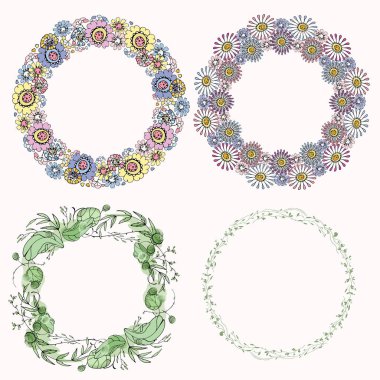 Yuvarlak çiçek çelenkleri koleksiyonunun vektör çizimi. Selamlama, tekstil ve diğer basılı ürünlerin tasarımı için. Tarz sahibi, saf bir yaprak ve yaprak çizimi..