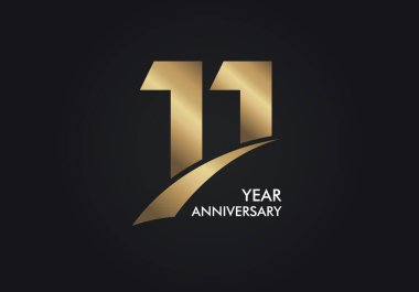 11. yıl dönümü logosu dilimden yapılmış altın renkli yazı tipi şirket kutlama etkinliği için siyah arka planda izole edilmiş.