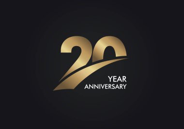 20 Yıl Yıldönümü logosu dilimden yapılmış altın renkli yazı tipi, şirket kutlama etkinliği için siyah arka planda izole edilmiş.