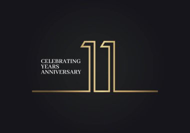 11 Yıl Yıldönümü logosu. Altın renkli font numaraları birleşik tek bir hattan yapılmış. Şirket kutlamaları için siyah arka planda izole edilmiş.