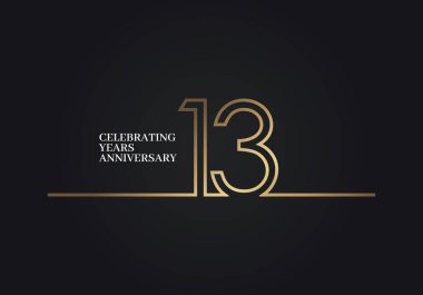 13 Yıl Yıldönümü logosu. Altın renkli font numaralarıyla birleşmiş. Şirket kutlamaları için siyah arka planda izole edilmiş.