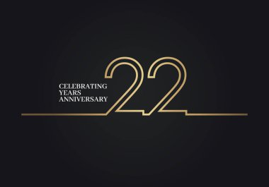 22 Yıl Yıldönümü logosu. Altın renkli font numaraları birleşik bir hattan yapılmış. Şirket kutlamaları için siyah arka planda izole edilmiş.