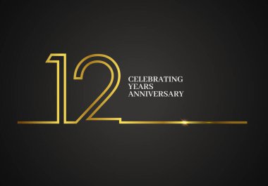 12 Years Anniversary logotype with golden colored font numbers made of one connected line, isolated on black background for company celebration event, birthday