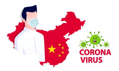 Coronavirus / Corona virüs konsepti. Çin, Corona virüsüyle savaşmak için maske taktı. Virüse karşı savaş kavramı. Mavi arka planda birçok virüs saldırısı izole edildi.