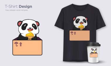 Kutuda dondurmalı şirin panda. Şık t-shirt ve modern tasarım, tipografi, baskı, vektör illüstrasyonu. Genel Örnekler.