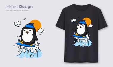 Penguen sörfü. Şık t-shirt ve modern tasarım, tipografi, baskı, vektör illüstrasyonu. Genel Örnekler.