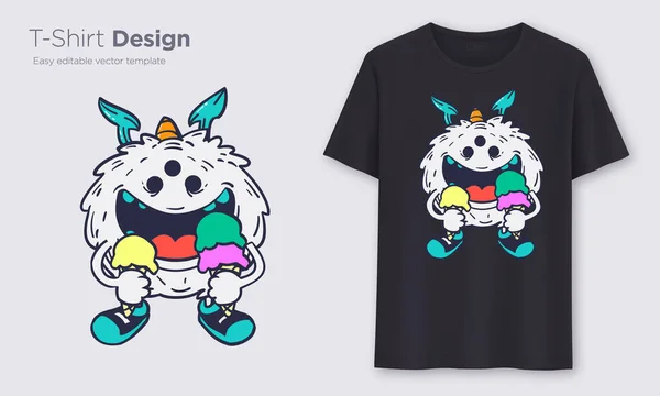 Wit Monster Met Twee Ijsjes Stijlvol Shirt Kleding Modern Design — Stockvector