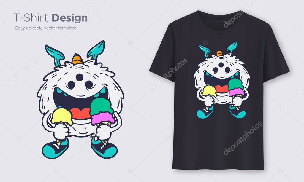 white monster with two ice cream. Stylish t-shirt and apparel modern design, typography, print, vector illustration. Global swatches.