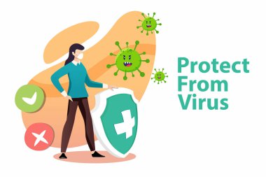 Vektör illüstrasyonu virüsten korur. Covid-19 virüs virüs konseptinden korumak için. Kadın virüsle savaşıyor. Virüsten koru. Corona virüslerinden kaçmak.
