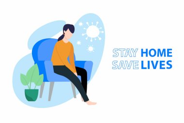 Coronavirus Covid-19, karantina motivasyon posteri. Kadınlar enfeksiyon riskini azaltmak ve virüsü yaymak için evde kalırlar. Stay Home Save Lives vektör illüstrasyonu.