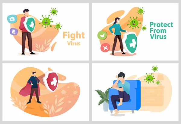 Stel Vector Illustratie Gevecht Covid Corona Virus Mensen Vechten Beschermen — Stockvector