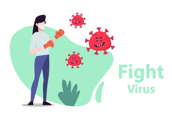 ベクターイラストはCovid 19コロナウイルスと戦う コロナウイルスを治す 女性はウイルスの概念と戦う コロナウイルスワクチンの概念 2019年末までに コロナウイルスの概念を恐れてはいけません — ストックベクタ
