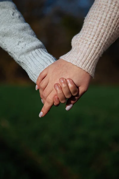 Kızın Eli Yeşil Çimenli Arka Planda Kız Kardeşler — Stok fotoğraf