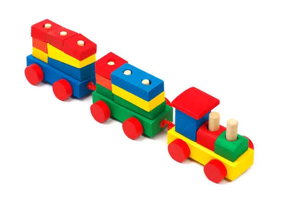 Ξύλινο πολύχρωμο παιχνίδι τρένο απομονωθεί σε λευκό φόντο — Φωτογραφία Αρχείου