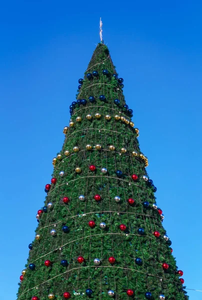 Süslü Noel ağacı. Mavi gökyüzü arka plan karşı köknar ağacı