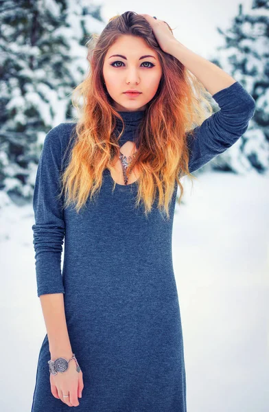 Hübsches junges Mädchen posiert im Winter im kalten Wald — Stockfoto