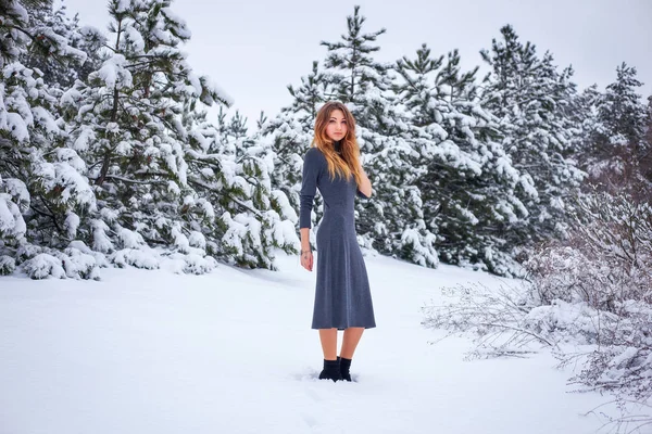 Linda joven posando en el invierno en el bosque frío —  Fotos de Stock